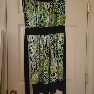 Aa Studio Strapless Green Floral & Black Trim Midi Dress